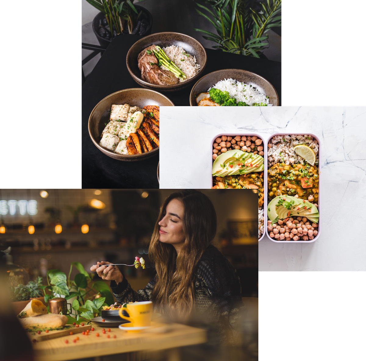 Woman enjoying food,meals in storage container , and food bowls on a table